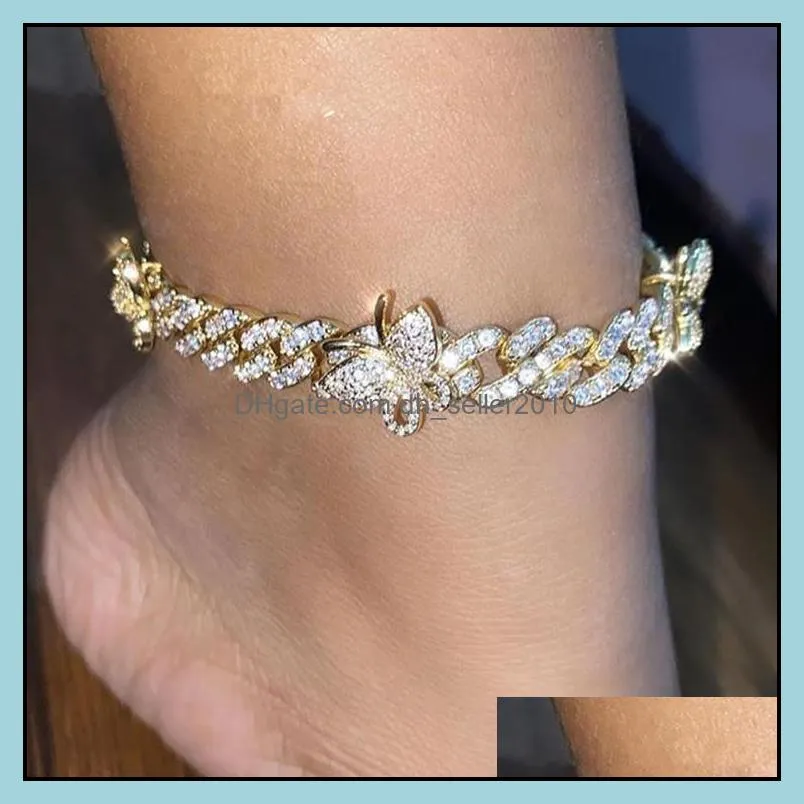 New Iced Out Diamond Women Boday Chain Jewelry Rhinestone Cuban Link Anklets Chain Gold Silver Pink Butterfly Anklets Bracelets 744 T2