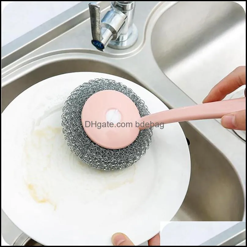 Metal Mesh Stainless Steel Wool Ball Cleaning Brush Kitchen Hanging Strong brush with long handle Pot Brush Magic Cleaner