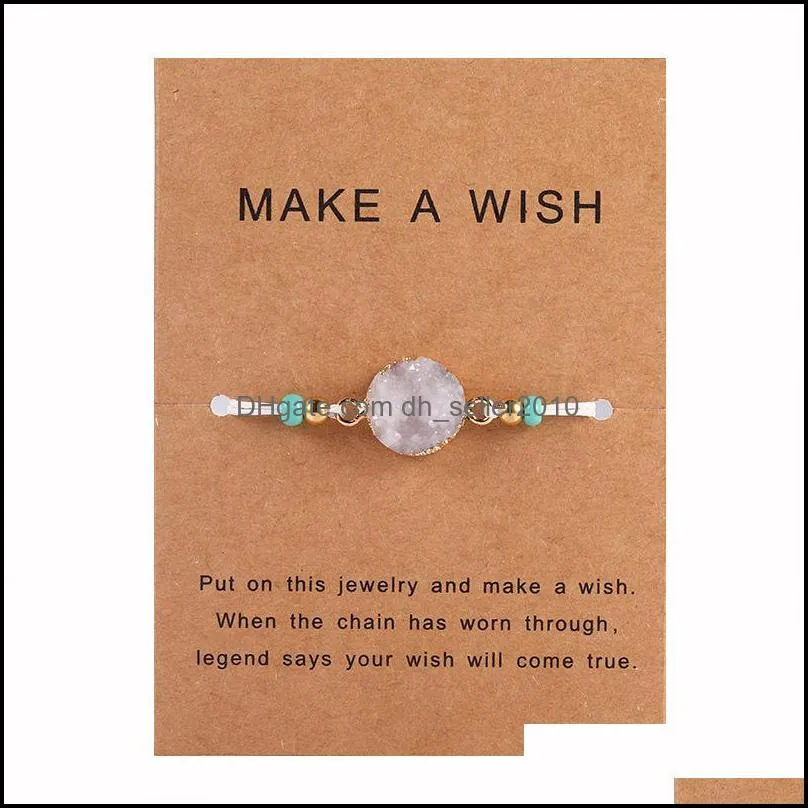 Handmade Druzy Resin Stone Bracelet Make a Wish Card Wax Rope Braided Bracelets Bangles With Rice Bead for Women Girls Summer Beach 186