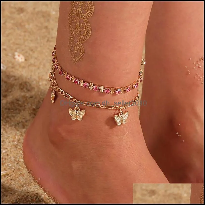 Rhinestone Crystal Ankle Bracelets For Women Sandals Butterfly Anklet Boho Beach Foot Iced Out Chains Anklets Female Fashion Jewelry 224