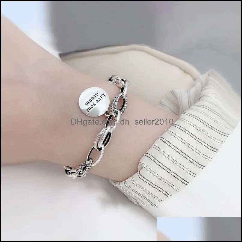 925 Sterling Silver Korean Love Pendant Bracelet Retro Thai Silver Thick Chain Round Letter Bracelet Female Jewelry 2783 Q2