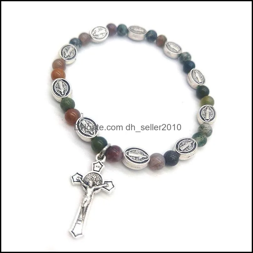 Natural stone agate cross bracelet Strands rosary icon of Jesus beaded bracelets elasticity Handmade