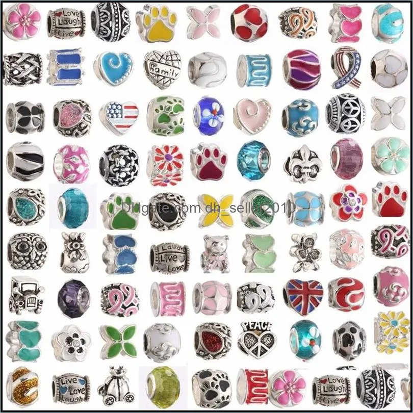 50PCS Mixed Styles Wholesale Multicolor Crystal Alloy Beads Charms For DIY Jewelry European Bracelets Bangles Women Girls Gifts 1381