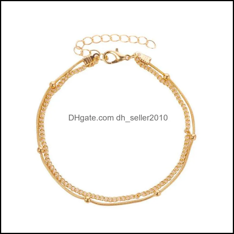 20pcs/Lot Double Layer Gold Anklets European Fashion Summer Foot Jewelry For Women Beach Beads Geometric Anklets Ornaments 343 Q2