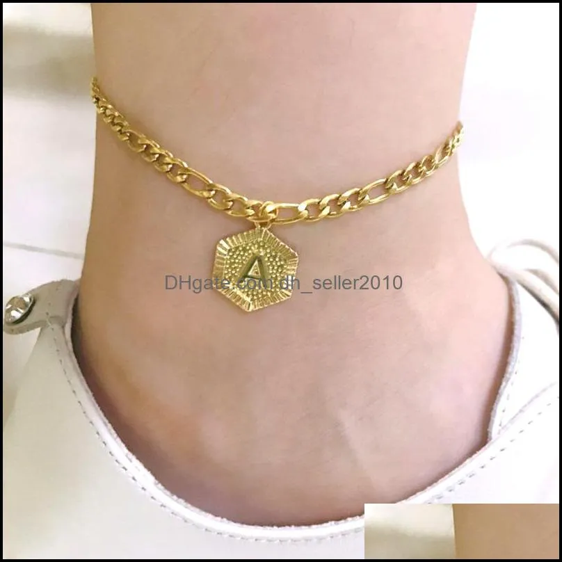 Anklets A-Z Letter Hexagon Initial Anklets For Women Gold Stainless Steel Ankle Bracelet On The Leg Female Foot Chain Anklet Jewelry 186