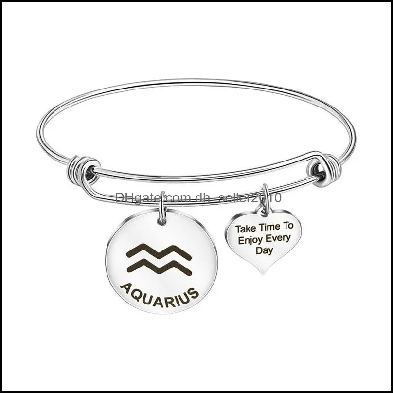 12 Constellation Zodiac Bangle Cuff Take Time Enjoy Every Day Letter Carved Heart Coin Charm Stainless Steel Adjustable Bracelet 3518