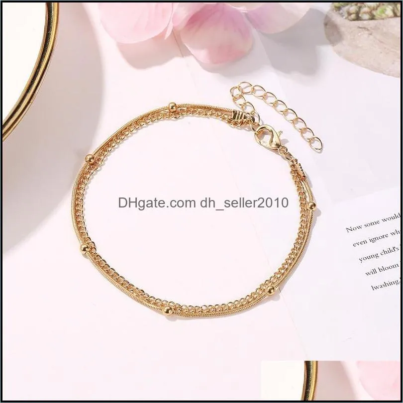 20pcs/Lot Double Layer Gold Anklets European Fashion Summer Foot Jewelry For Women Beach Beads Geometric Anklets Ornaments 513 T2