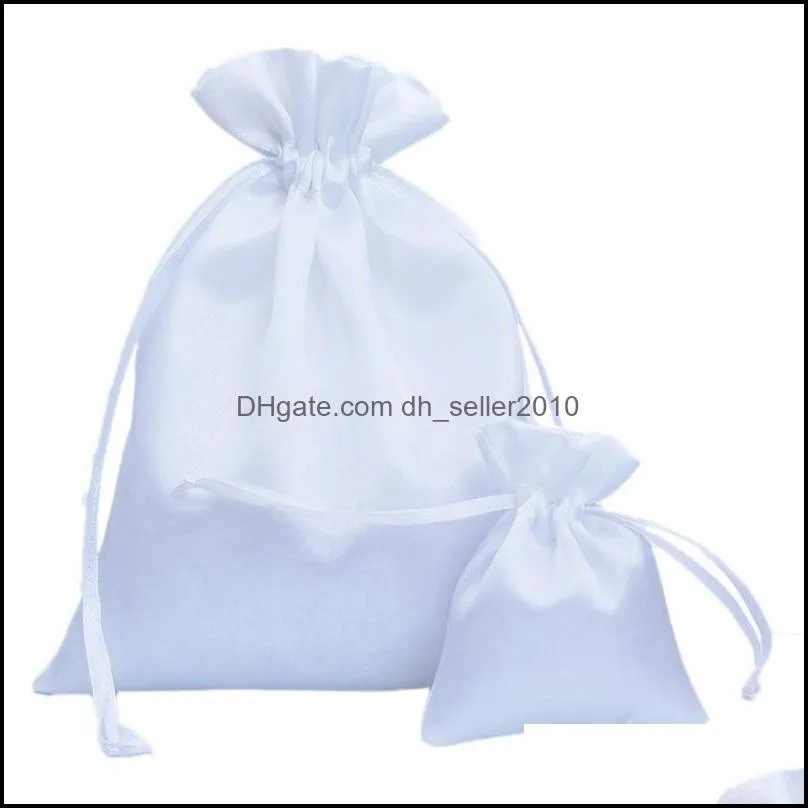 50pcs/lot 7x9 10x12 16x20 cm White Satin Pouch Drawstring Bags For Jewellery Pouches Makeup Wig Packaging Gift Bag 1239 E3