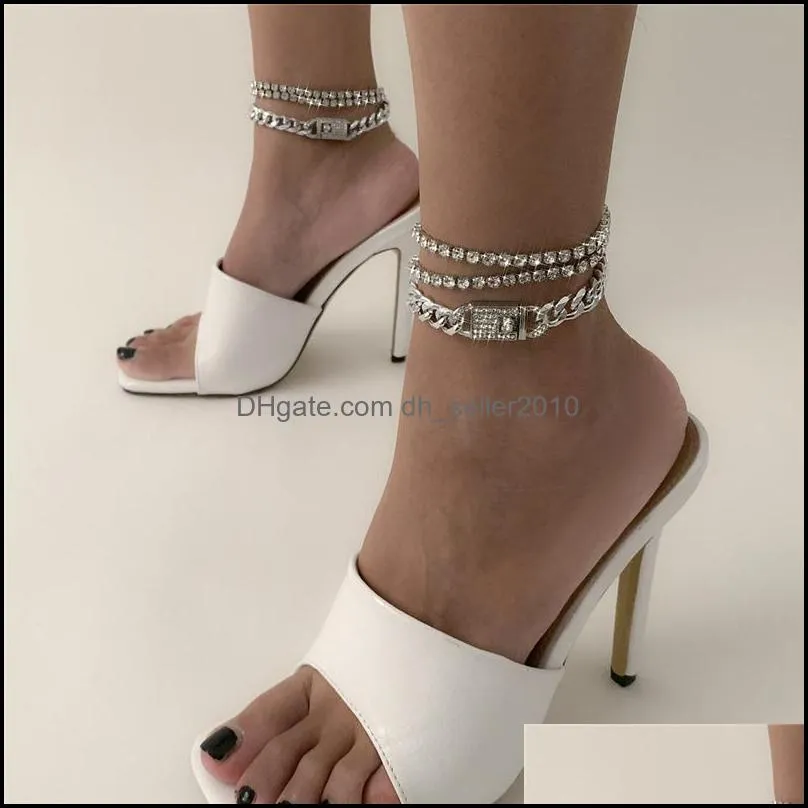 Women Shiny Diamond Anklets Party Gorgeous Shining Anklet Ladies Rhinestone Hip Hop Style Alloy Ankle Ornaments Gold/White 2443 T2