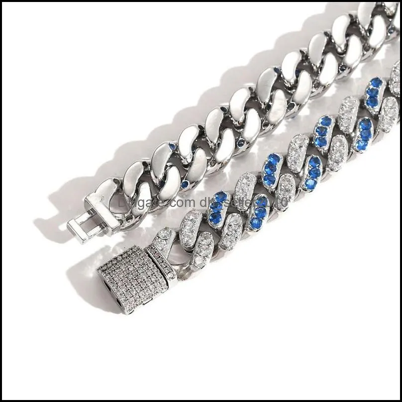 New Fashion Charm Bling Iced Out Blue Crystal CZ Bracelet Silver Zircon Hiphop Jewelry 12mm Cuban Link 429 Z2