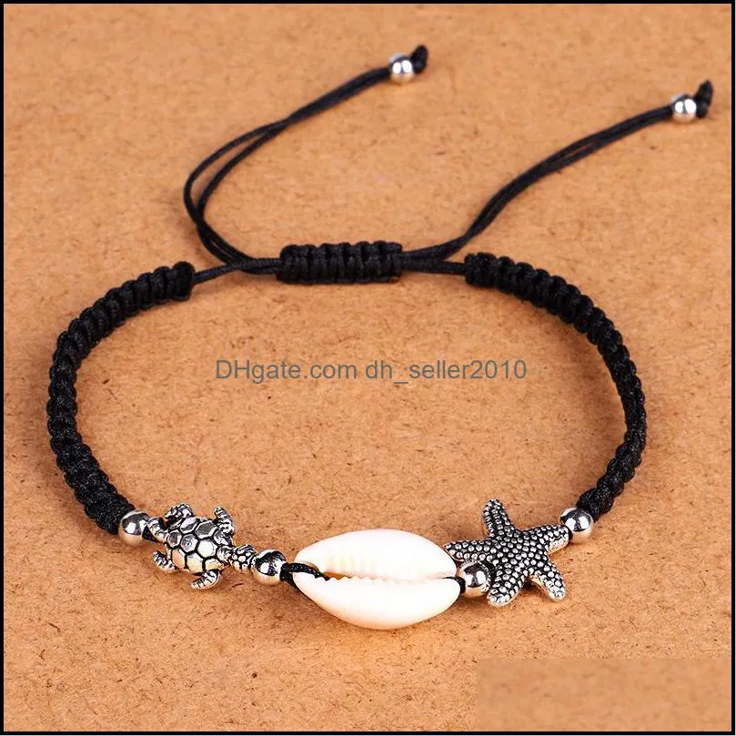 Shells Starfish Turtle Charm Braided Bracelets Anklet Hand Woven Boho Rope Bracelet Surfer Hawaiian Summer Beach Jewelry for Men Women 590