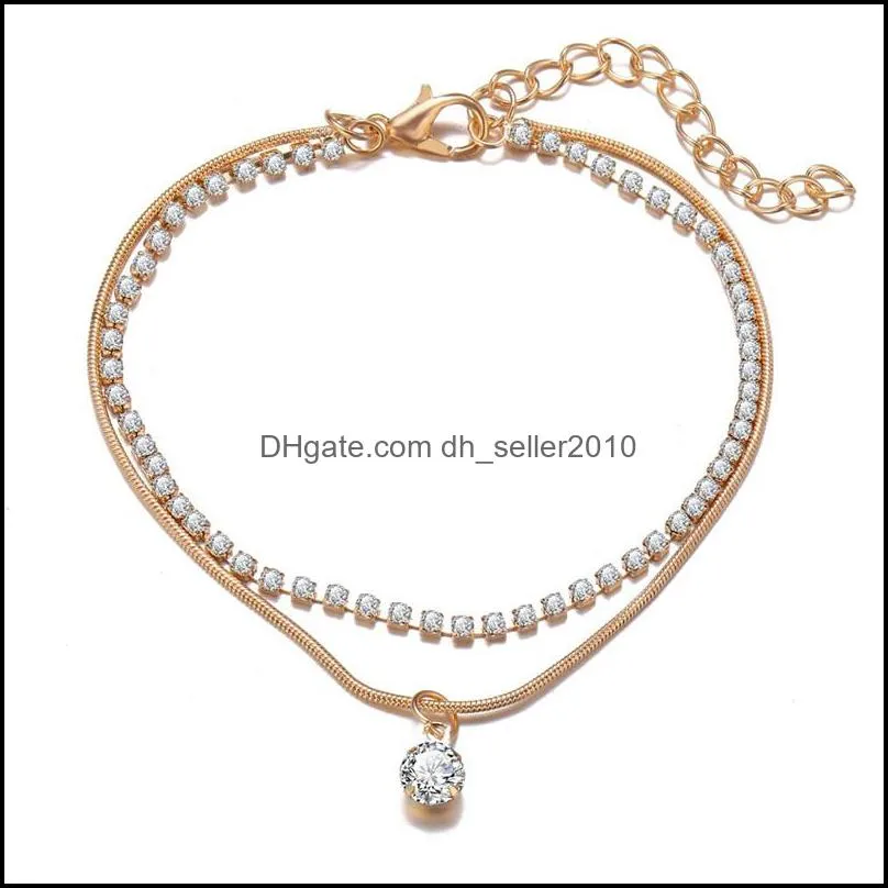 New Fashion Gold Plated Multi Layer Chain Anklet Bracelet For Women Simple Snake Chain Round CZ Zircon Dangle Charms Anklets 341 J2