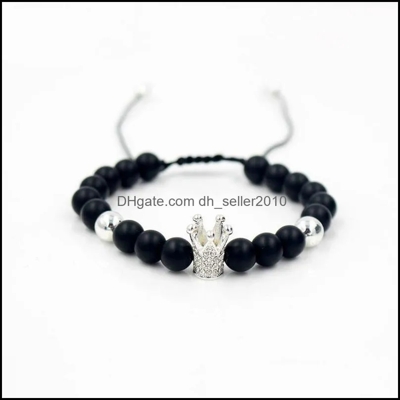 8mm uuyy8 micro pave cz zircon cubic zirconia elastic adjusted Charm nature Black stone volcanic lava bead Crown Charm Bracelet 130 W2