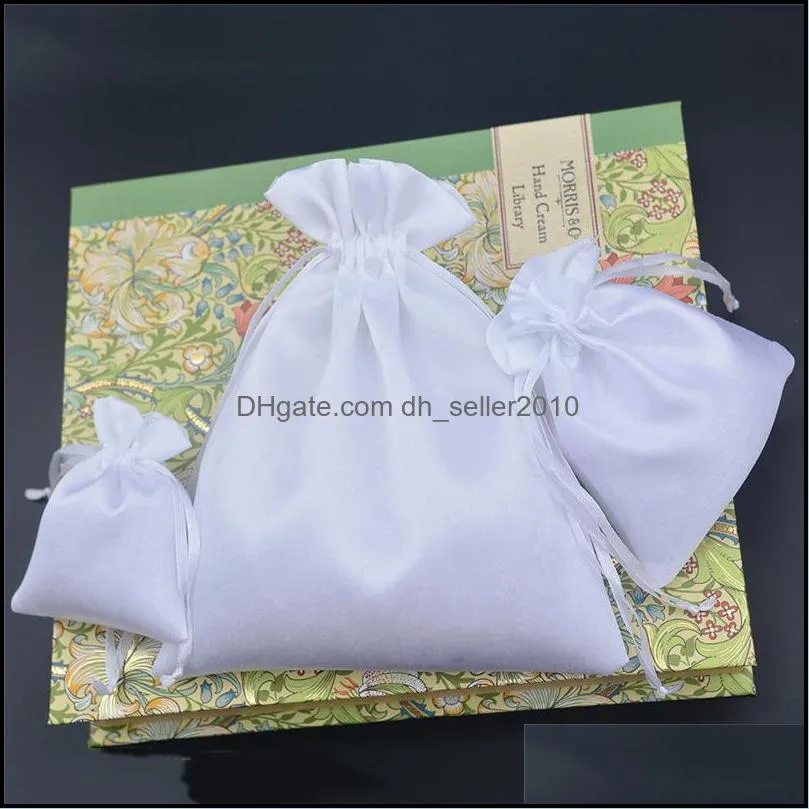 50pcs/lot 7x9 10x12 16x20 cm White Satin Pouch Drawstring Bags For Jewellery Pouches Makeup Wig Packaging Gift Bag 1239 E3