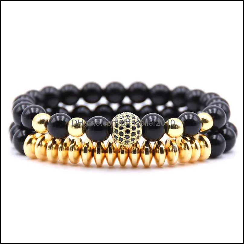 Quality Men Set Bracelet Fashion Men Homme Jewelry 8MM Natural Stone Gold Black Micro-inlaid Zircon CZ Ball Beaded Bracelets 427 Z2