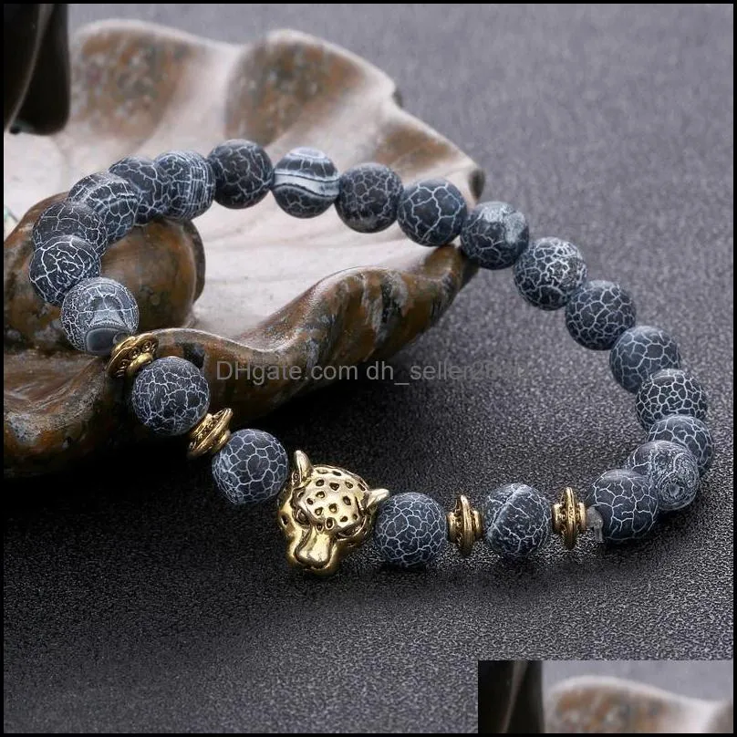 8MM Black Beaded Strands Bracelet Weathering Agate Leopard Head Alloy Gold Bracelets Fashion Men Jewelry Accessories 4 5zm Q2