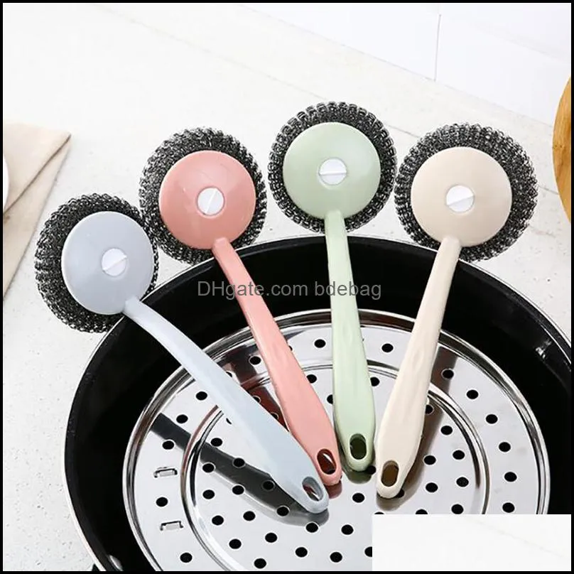 Cleaning Brush Metal Mesh Steel Wool Ball Long Handle Brushes Cleaning Dishes Pots Kitchen Hanging Strong brush