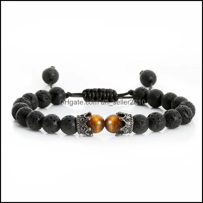 Black Lava Stone Crown Charm Tiger Eye Beads Bracelet For Men Women Braided Bracelets Handmade Adjustable Jewelry 5646 Q2