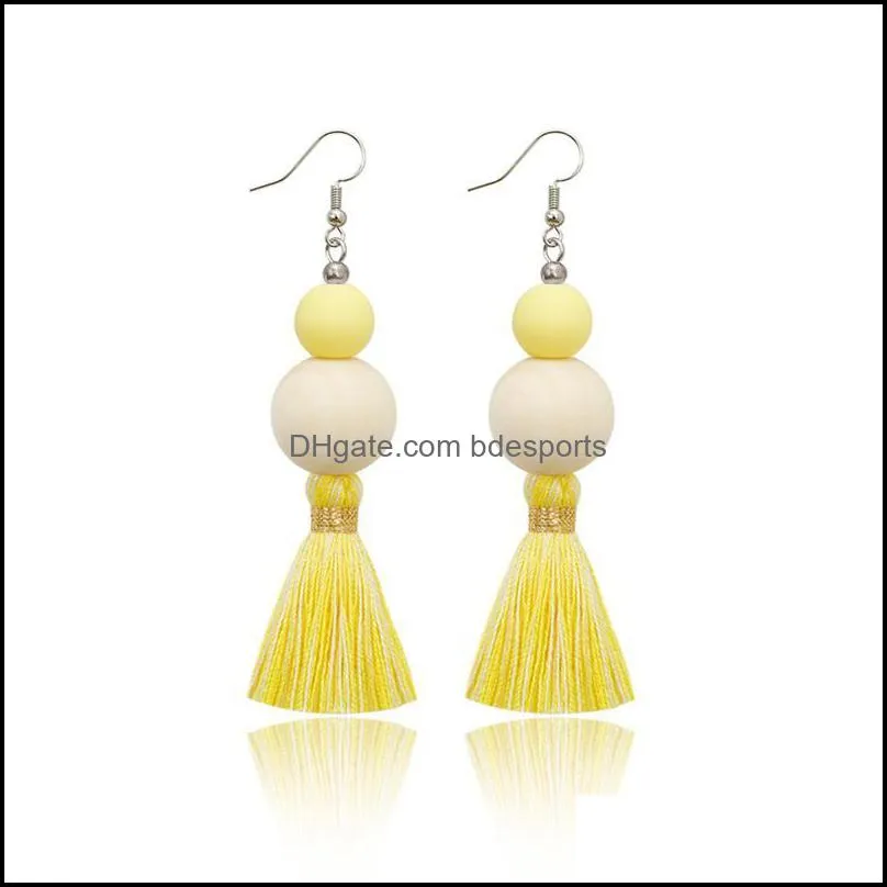 Silicone Bead Tassel Earring Party Favor Wooden Beads Handmade Knitting Cotton Threads Ear Ring Women Fashion Earrings with Tassel