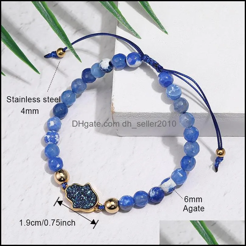 Resin Druzy Charms Natural Stone Agate Beads Bracelets with Card Braided Fatima Hamsa Hand Bracelet For Womens Jewelry Party Gift 3628
