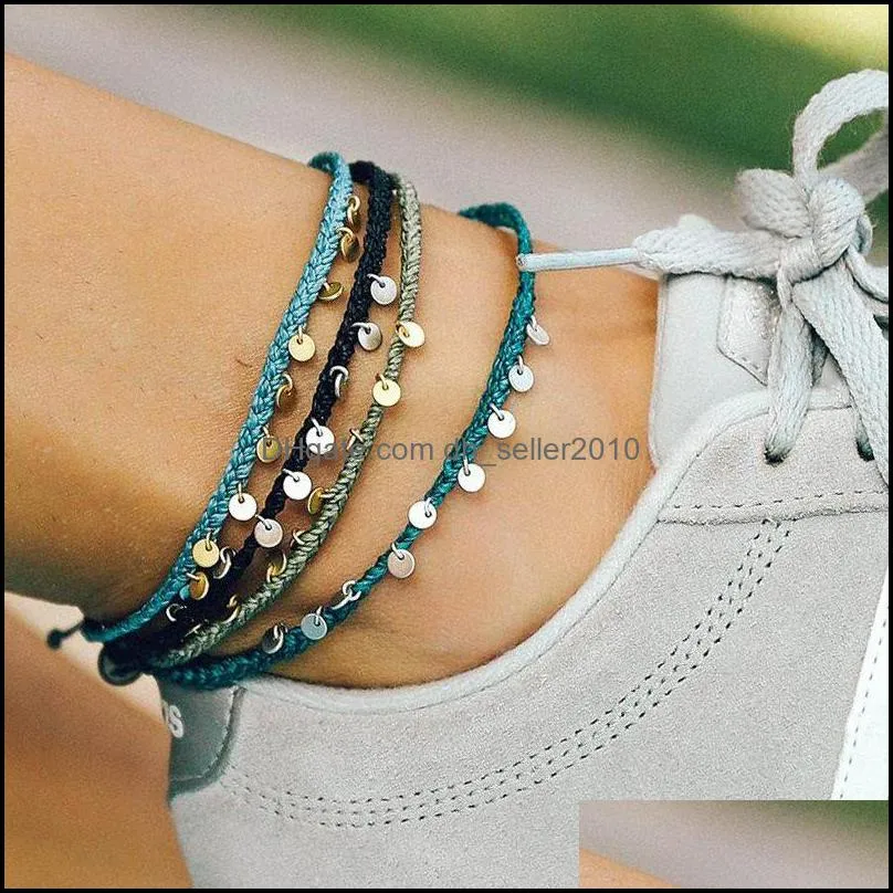 Colorful Rope Braid Vsco Girl Copper Dangle Foot Anklet Barefoot Bracelet Friendship Anklets for Women Boho Beach Jewelry 3569 Q2