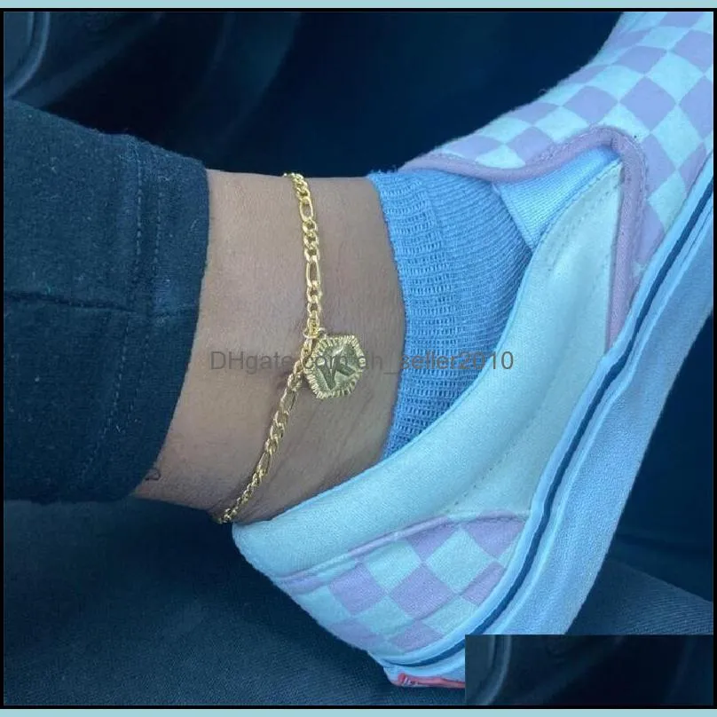 Anklets A-Z Letter Hexagon Initial Anklets For Women Gold Stainless Steel Ankle Bracelet On The Leg Female Foot Chain Anklet Jewelry 186