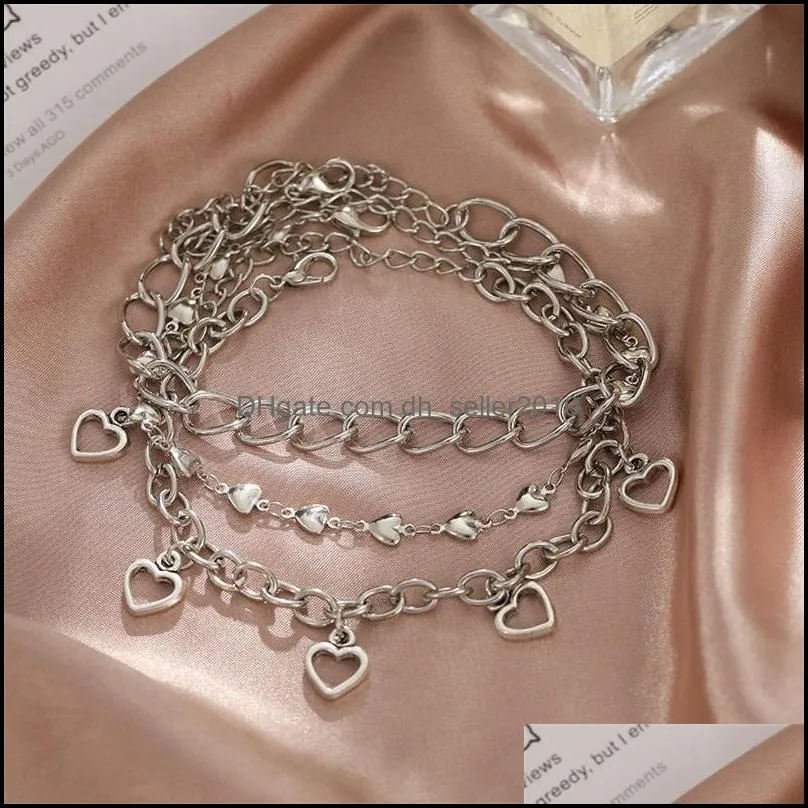 Multilayer Silver Color Hollow Heart Anklet For Women Geometric Ankle Bracelet Leg Foot Chain Anklets Jewelry 3Pcs/set 3075 Q2