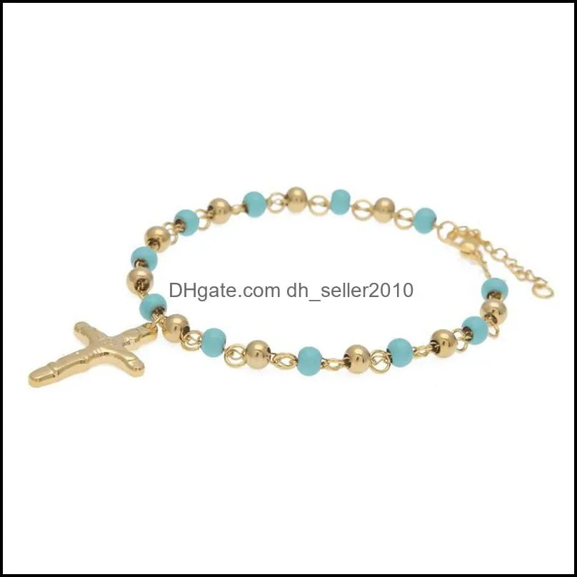 5 Color 18cm Men Women Stainless Steel Chain Jesus Cross Pulseras Rosary Bracelets Gold Bead Bracelet Fashion Jewelry Gift for man 1178