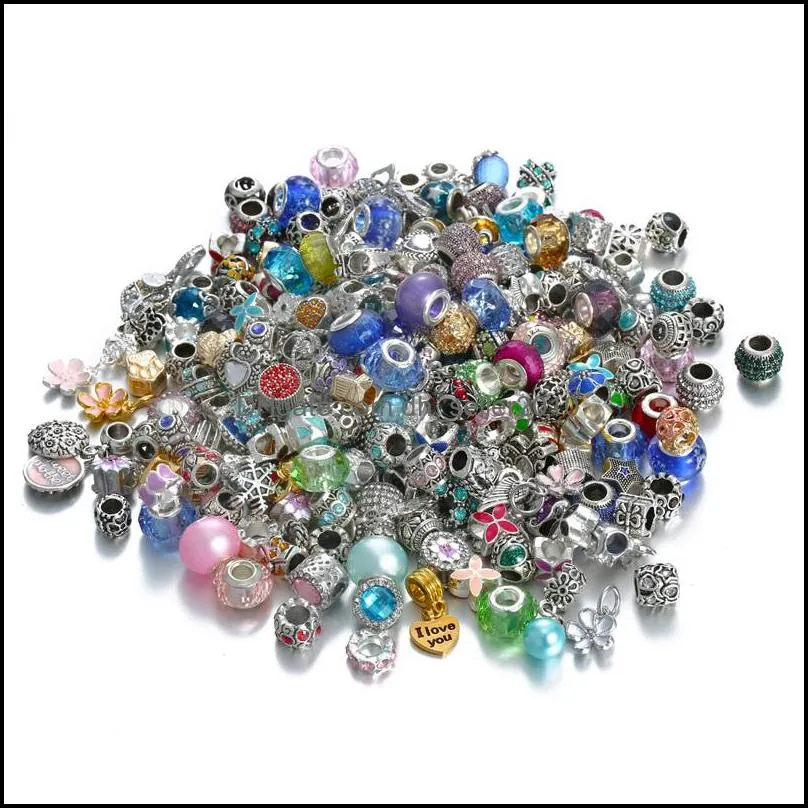 50PCS Mixed Styles Wholesale Multicolor Crystal Alloy Beads Charms For DIY Jewelry European Bracelets Bangles Women Girls Gifts 1381