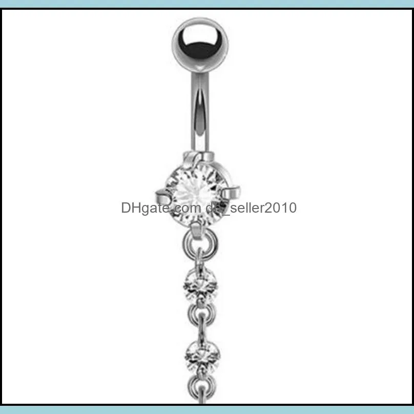 Fashion Stainless Steel Zircon Long Dangle Round Rhinestone Navel Belly Ring Button Bar Barbell Rings Piercing Reverse Jewelry 2440 T2