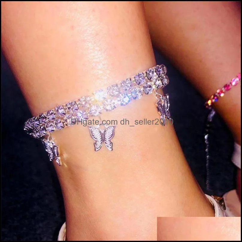 Plated Gold Butterfly Women Anklets Jewelry Rhinestone crystal Lady Pendants Ankle Bracelet Fashion Foot Ornament Shining 3zy J2B