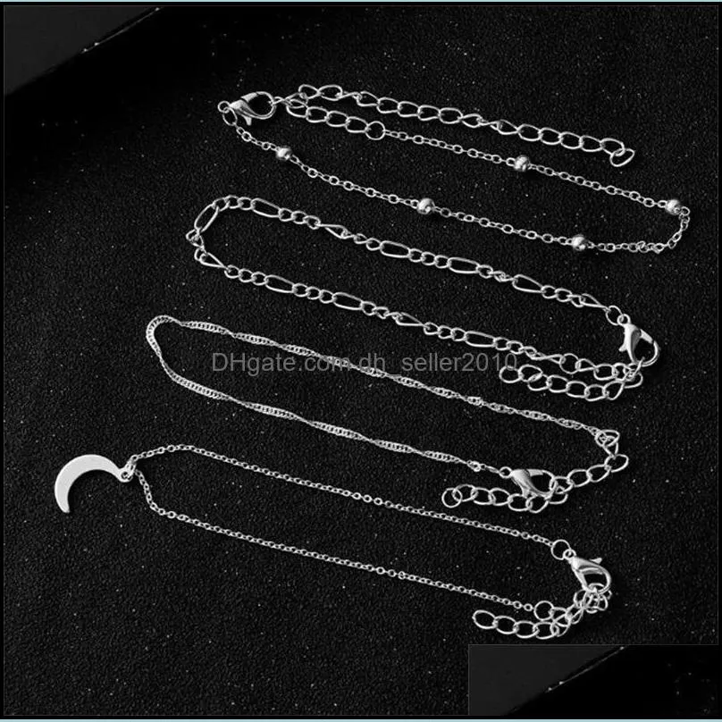Women Fashion Anklet Jewelry Lady Moon Pendants Multilayer Plated Silver Charm Anklets Corrugated Chain 4 Piece Set 2 5cy J2
