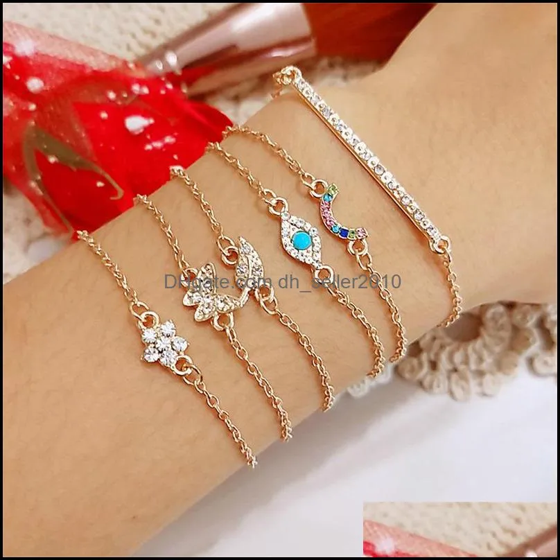 6 Pcs/set Women Exquisite Crystal Butterfly Stars Leaf Gems Geometry Gold Bracelet Set Bohemian Vintage Jewelry Accessories 1093 Q2