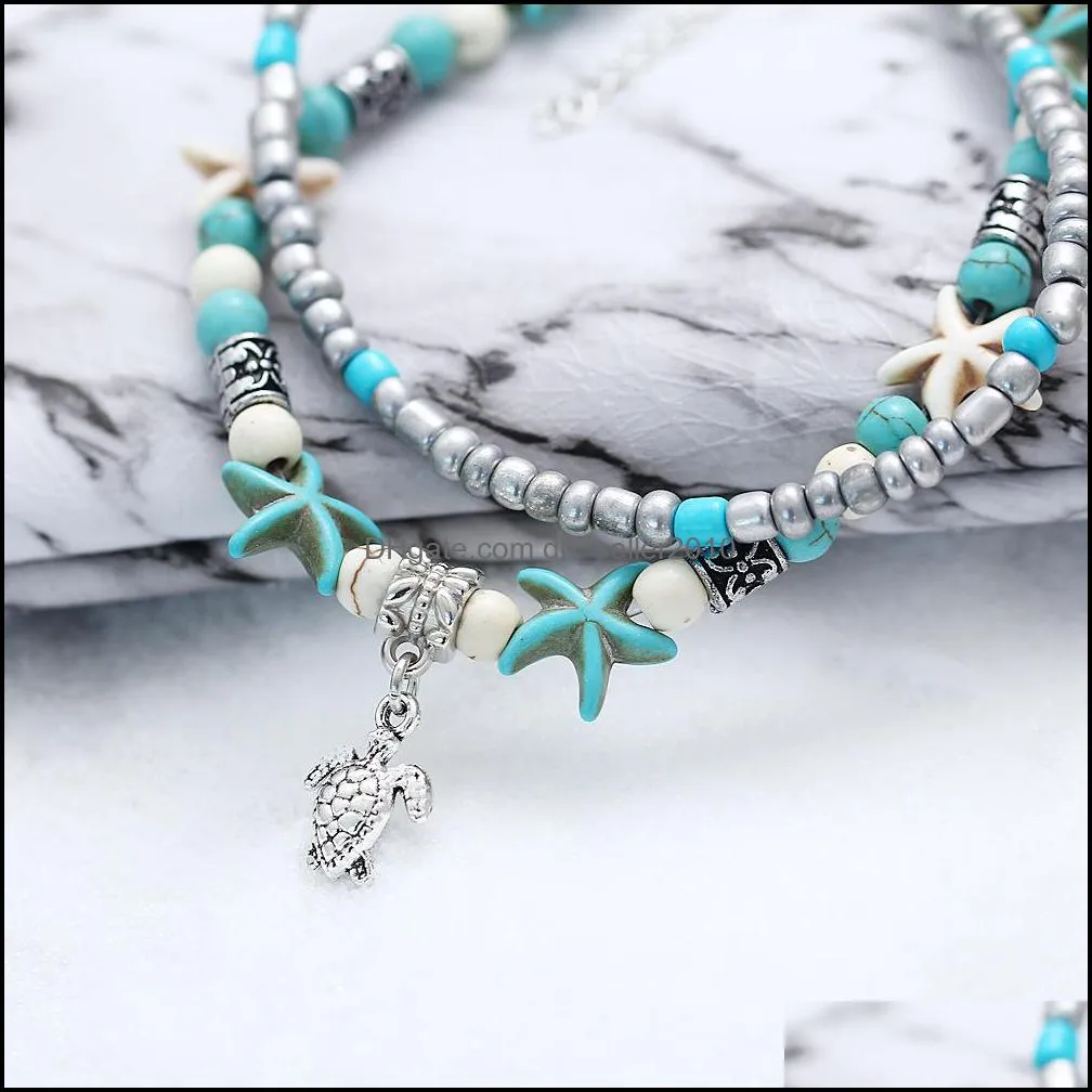 Bohemian Starfish Turtle Anklets for Women BOHO Elephant owl Wave charm Beads Stone Chain Ankle Bracelet on Leg Beach Jewelry 512 T2