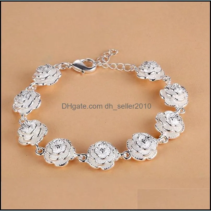 925 Sterling Silver Full Rose Flower Chain Bracelet For Women Wedding Engagement Party Fashion Jewelry 1283 T2