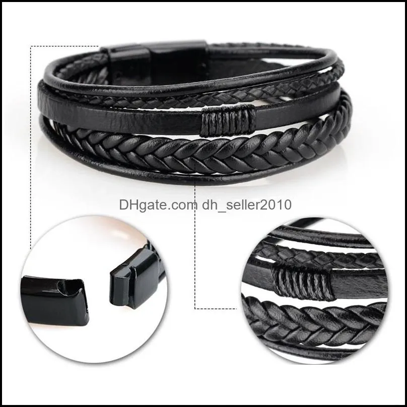 Trendy Genuine Leather Bracelets Mens Multilayer Braided Rope Link Chain Male Female Bracelet Retro Jewelry 1212 E3