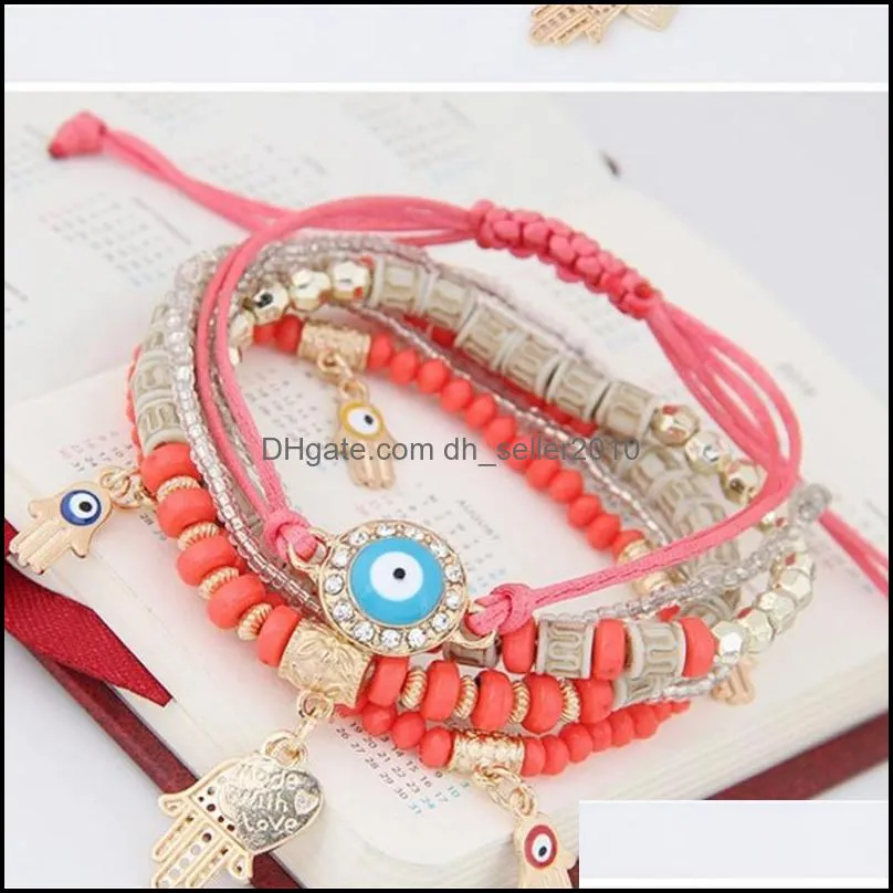 Evil Eye Hand Charm Chain Women Love Heart Multi Storey Manual Beading Bracelet Braided Jewelry Bracelets High Quality 4 8dm G2B