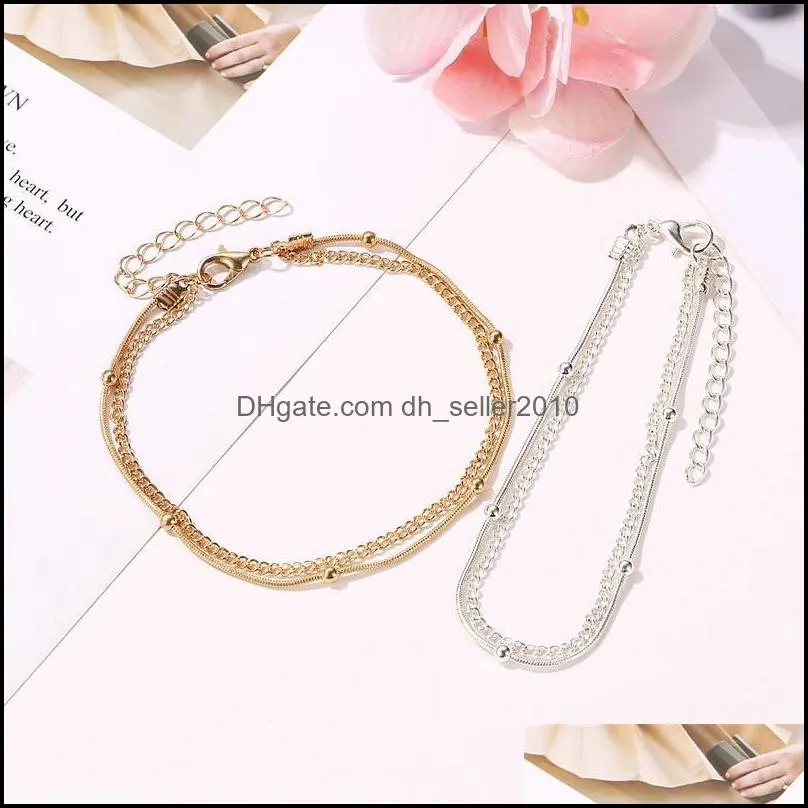 20pcs/Lot Double Layer Gold Anklets European Fashion Summer Foot Jewelry For Women Beach Beads Geometric Anklets Ornaments 513 T2