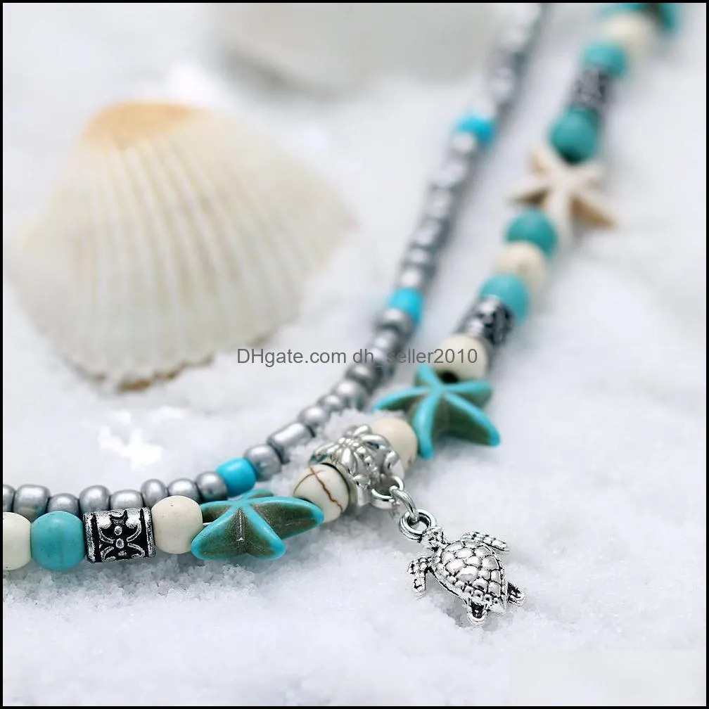 Bohemian Starfish Turtle Anklets for Women BOHO Elephant owl Wave charm Beads Stone Chain Ankle Bracelet on Leg Beach Jewelry 512 T2