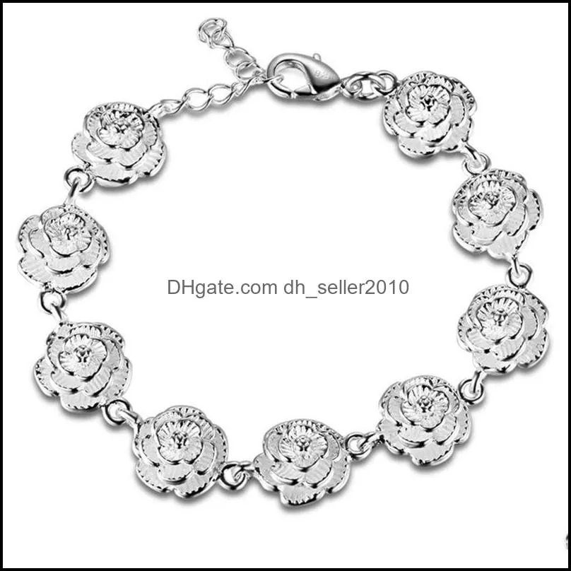 925 Sterling Silver Full Rose Flower Chain Bracelet For Women Wedding Engagement Party Fashion Jewelry 1283 T2