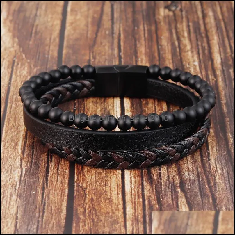bangle Fashion Natural stone Magnetic button leather 21cm braided bracelet men`s titanium steel jewelry Nice gift 3418 Q2