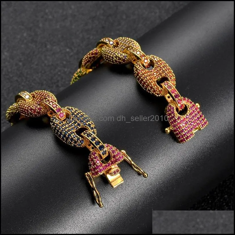 Hip Hop Bracelets Exquisite Bling Multicolor Zircon Bracelets Fashion Men 18K Gold Plated Button Chain Bracelets Jewelry 3477 Q2