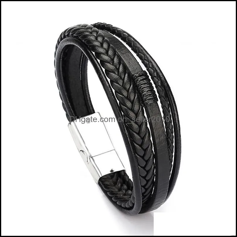 Trendy Genuine Leather Bracelets Mens Multilayer Braided Rope Link Chain Male Female Bracelet Retro Jewelry 1212 E3