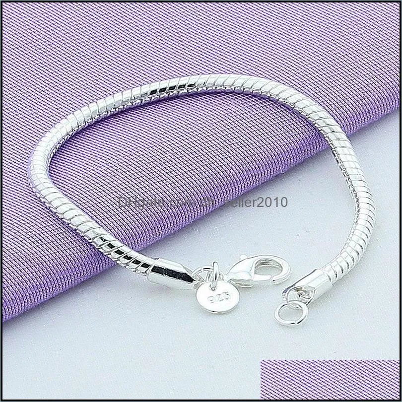 925 Sterling Silver Lobster Clasp 4mm 20cm Snake Chain Bracelet Fit European Charm Women Wedding Engagement Jewelry 1286 T2