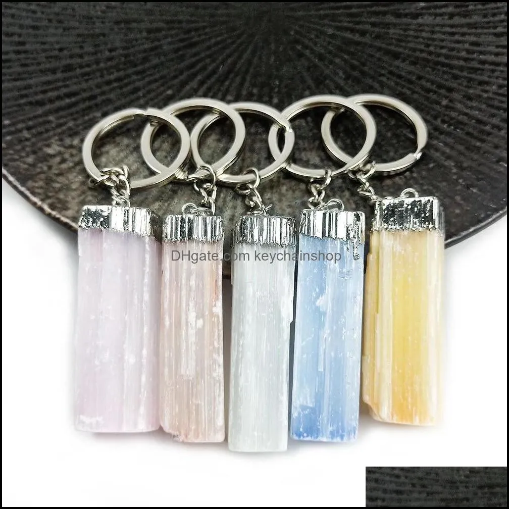 natural crystal stone key chains rock mineral pendulm dangle key rings clasp yellow white pink gypsum selenite quartz keychains