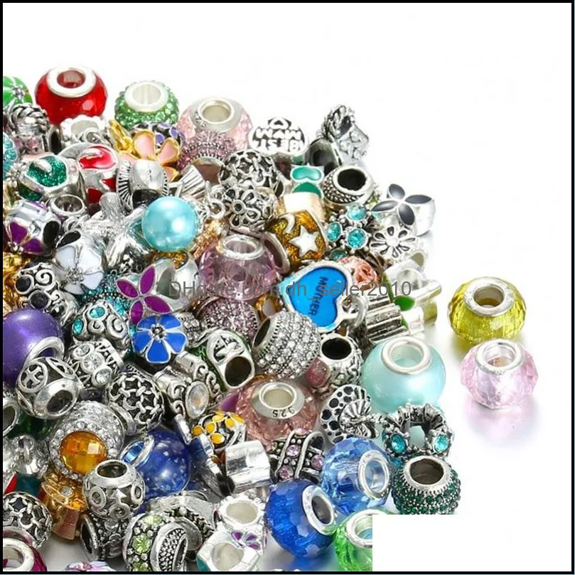 50PCS Mixed Styles Wholesale Multicolor Crystal Alloy Beads Charms For DIY Jewelry European Bracelets Bangles Women Girls Gifts 1381