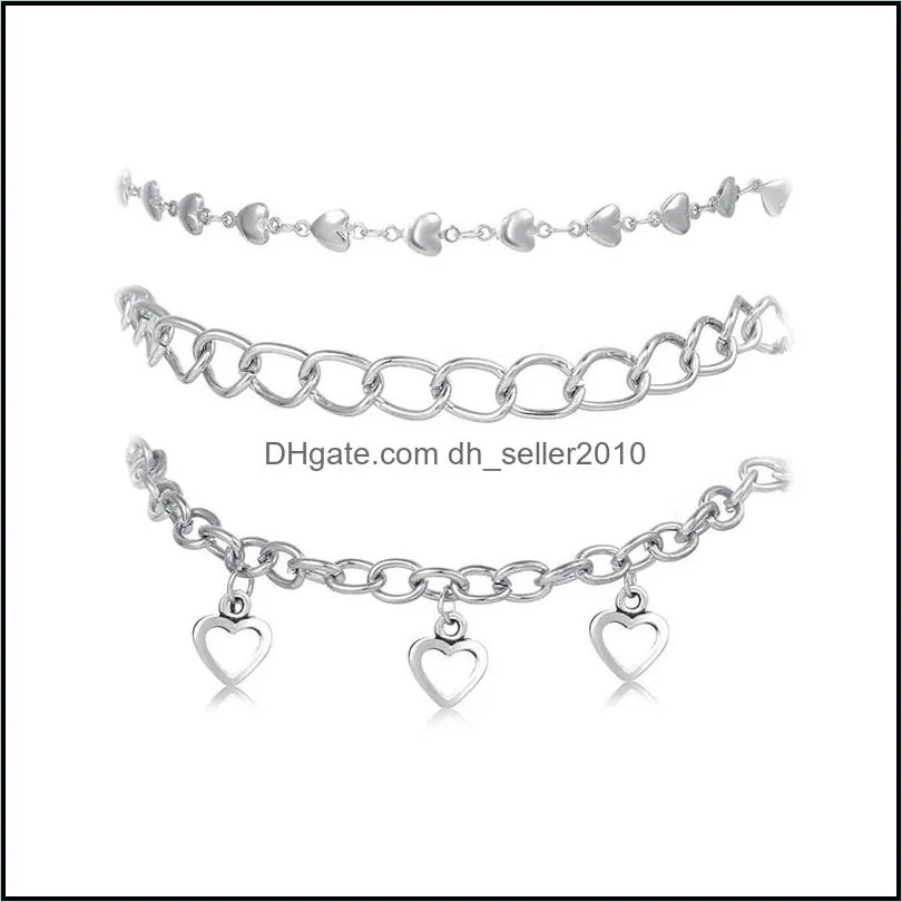 Multilayer Silver Color Hollow Heart Anklet For Women Geometric Ankle Bracelet Leg Foot Chain Anklets Jewelry 3Pcs/set 3075 Q2