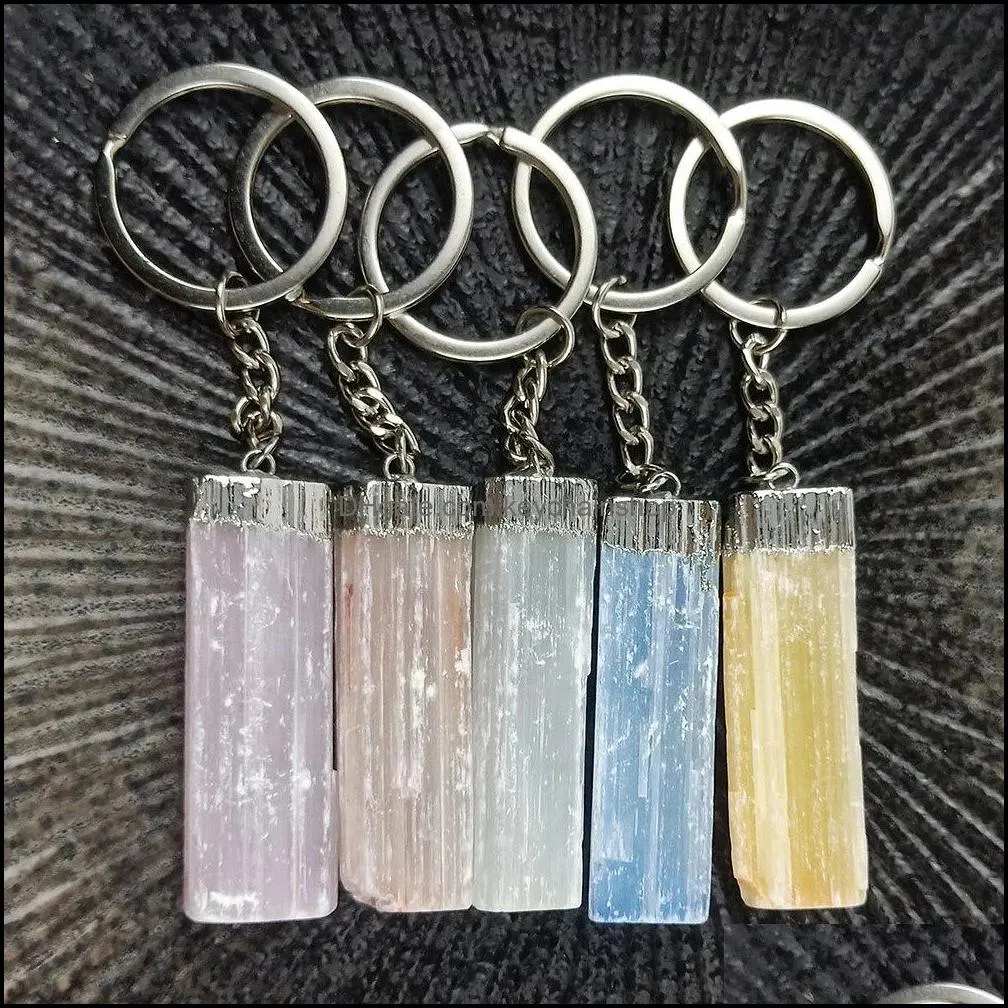 natural crystal stone key chains rock mineral pendulm dangle key rings clasp yellow white pink gypsum selenite quartz keychains
