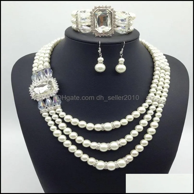 Wedding Jewelry Sets Romantic Pearl Necklace Platinum Plated Pearl Clear Rhinestone Trendy Jewelry Multi Layer Necklace For Women Party Gift 1228