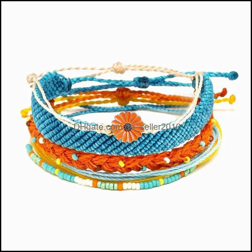 5 Pieces Wild Fashion INS Wax Line Handmade Bracelet Woven Daisy Sunflower Blue and Yellow Mixed Color Rope Chain Wholesale Gift1 522